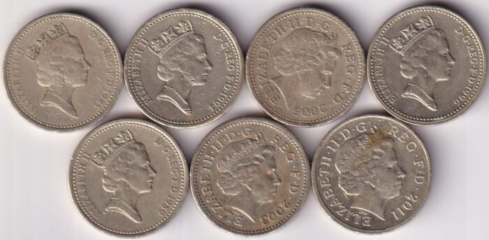 United Kingdom 1 Pound Seven Different Nickel Brass Coins Collection - Image 2