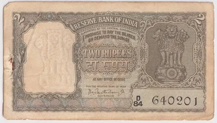 India 2 Rupees 1965 Olive Green Color P C Bhattacharya Note - Image 1
