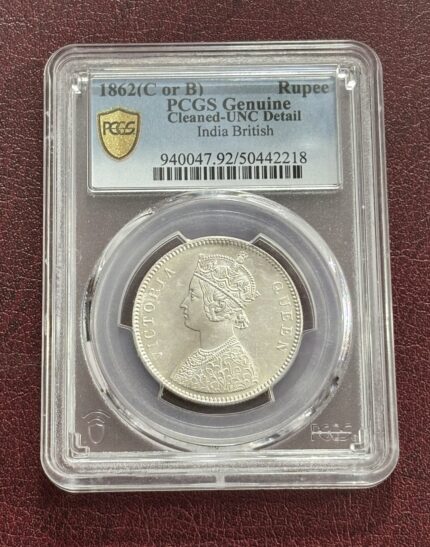 PCGS Graded 1862 One Rupee Victoria Queen Cleaned Unc Detail 0/4 Dots Coin