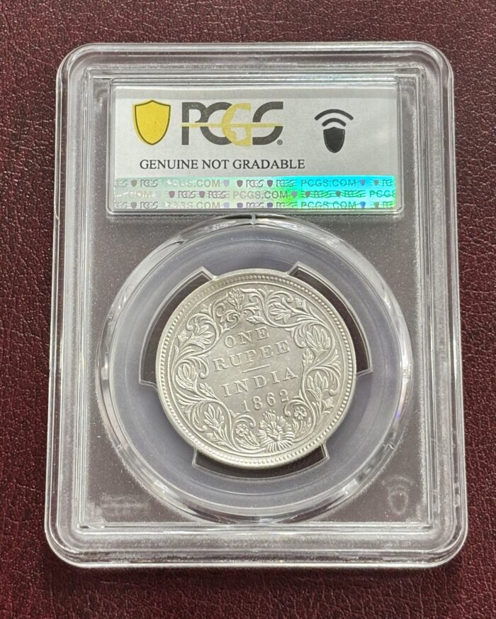 PCGS Graded 1862 One Rupee Victoria Queen Cleaned Unc Detail 0/4 Dots Coin - Image 2