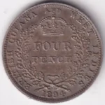 4 Pence of British Guyana and West Indies of 1894 Victoria SIlver Coin