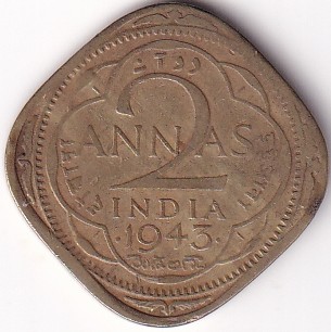 Bombay Mint 2 Annas 1943 Nickel Brass Coin