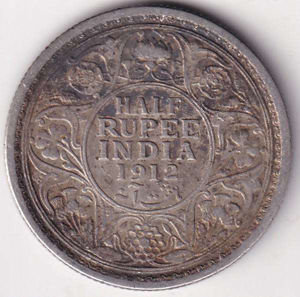 IMG_0022 Calcutta Mint Half Rupee 1912 King George V Silver Coin - Image 1