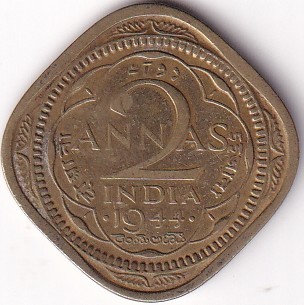 Bombay Mint 2 Annas 1944 Nickel Brass Coin