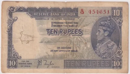 British India 10 Rupees JB Taylor 1938 Note