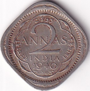Calcutta Mint 2 Annas 1940 Copper Nickel Coin