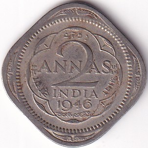 Calcutta Mint 2 Annas 1946 Copper Nickel Coin
