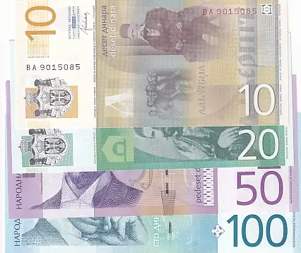 Serbia 10 20 50 100 Dinara Four Unc Notes Set