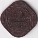 Calcutta Mint of 1945 of Two Annas of Nickel Brass Coin