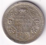 British India 1944 Half Rupee Lahore Mint Silver Coin
