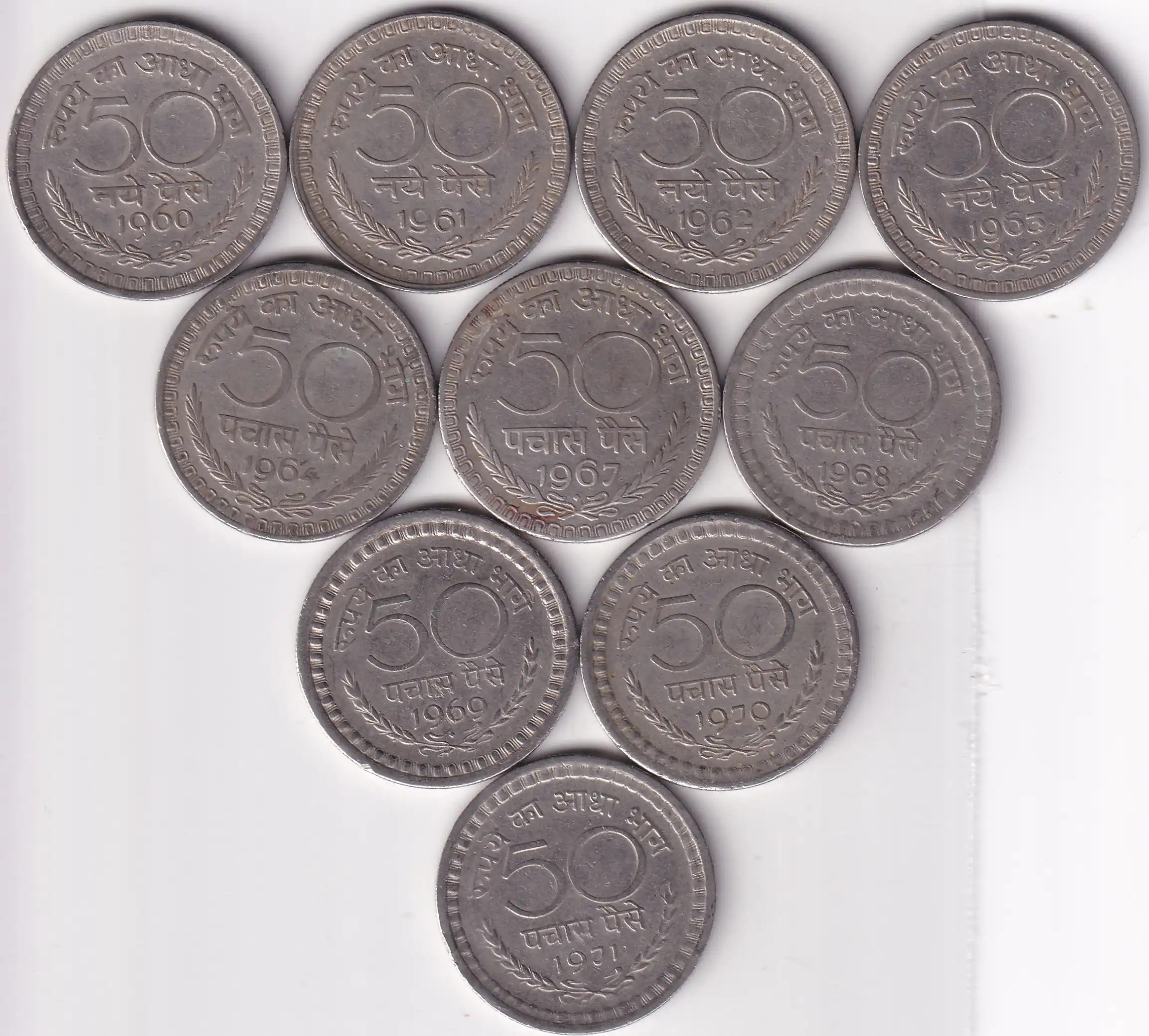 50 Paise 1960 to 1971 Ten Different Years Coins Set | RN Coins ®