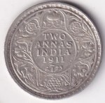 Two Annas 1911 King George V Silver Coin Rare
