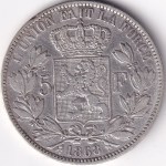 5 Francs of 1868 of Belgium Leopold II Silver Coin
