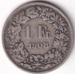 Switzerland 1 Franc 1908 Standing Helvetia Silver Coin