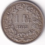 Switzerland 1 Franc 1913 Standing Helvetia Silver Coin