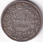Switzerland 2 Francs 1920 Standing Helvetia Silver Coin