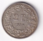 Switzerland 2 Francs 1939 Standing Helvetia Silver Coin