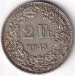 Switzerland 2 Francs 1943 Standing Helvetia Silver Coin