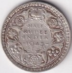 British India Half Rupee 1943 Bombay Mint Silver Coin