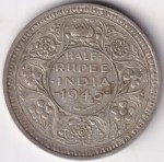 British India Half Rupee 1945 Silver Coin George VI Bombay Mint
