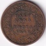 Half Anna 1862 Victoria Queen Copper Coin