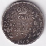 British India Two Annas 1905 King Edward VII Silver Coin