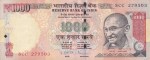1000 Rupees Signature of D Subbarao Used Very Fine Note