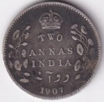 British 2 Annas King Edward VII 1907 Silver Coin
