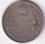 British 2 Annas King Edward VII 1908 Silver Coin