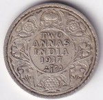 British India Two Annas King George V 1917 Silver Coin