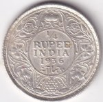 Silver Quarter Rupee of George V of 1936 Bombay Mint Coin