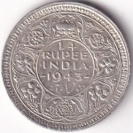 Silver 1/4 Rupee 1943 King George VI Lahore Mint Coin